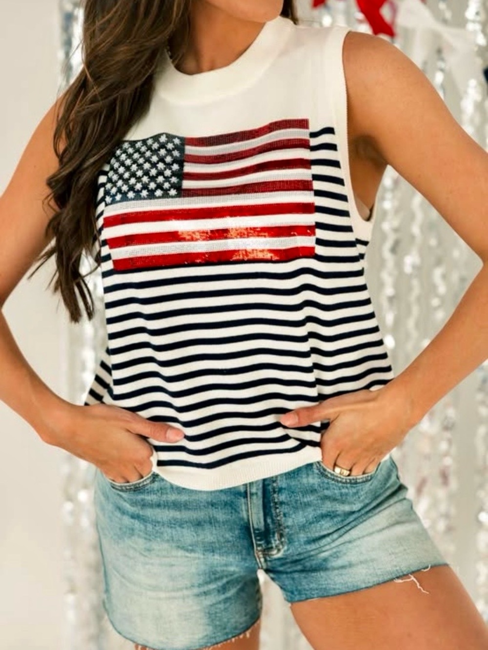 QUEEN OF SPARKLE American Flag Stripe Knit Top - White/Navy/Red